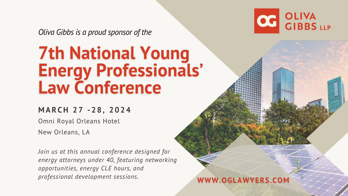 #ICYMI: Oliva Gibbs will be attending the 7th National Young #Energy Professionals' Law Conference hosted by #IEL in #NewOrleans from March 27 - 28! To learn more about this #energyeducation event & register, click here: bit.ly/3IoFIM9. #OilandGas #OlivaGibbs #EnergyLaw