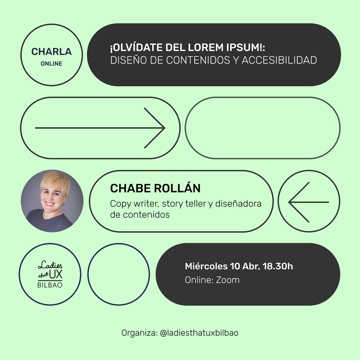 Deja de lado el Lorem Ipsum y únete a nosotras en un emocionante encuentro de la mano de <a href="/CheiberRoll/">Chabe Rollán (she/her)</a>  donde exploraremos el papel del copywriter en proyectos UX.

🗓️ Miércoles 10 Abril
⏰ 18.30 h
📍Online, vía Zoom
🎟️ Tickets gratuitos
eventbrite.es/e/olvidate-del…