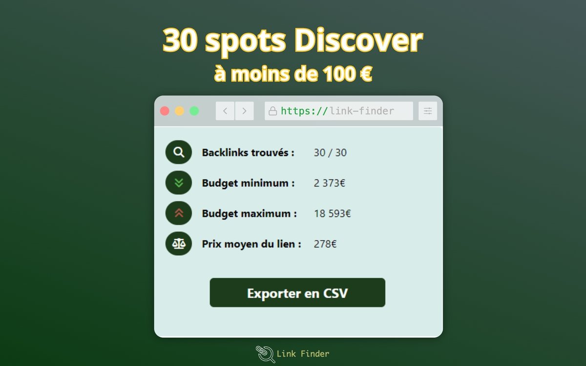 Cette fois-ci, nous ne vous donnons pas 3, mais 30 spots Discover où vous pouvez acheter un article pour moins de 100€. 

RT + Follow <a href="/LinkFinderOK/">Link Finder</a> pour recevoir la liste en DM gratuitement ! 

(Fin le 25/03) 

Un grand merci à <a href="/AndellDam/">Damien (andell)</a> et son tool Discover qui arrive fort 🔥