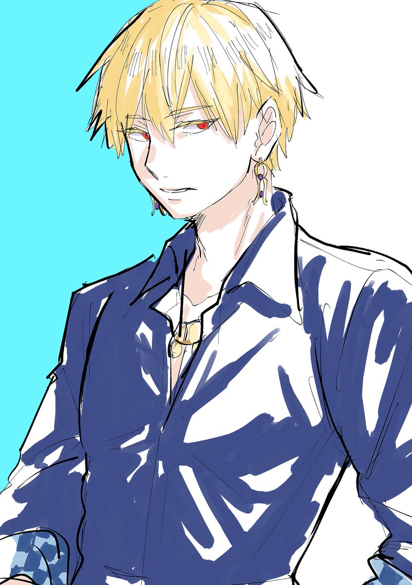 gilgamesh (fate) solo looking at viewer short hair shirt blonde hair long sleeves white background  illustration images