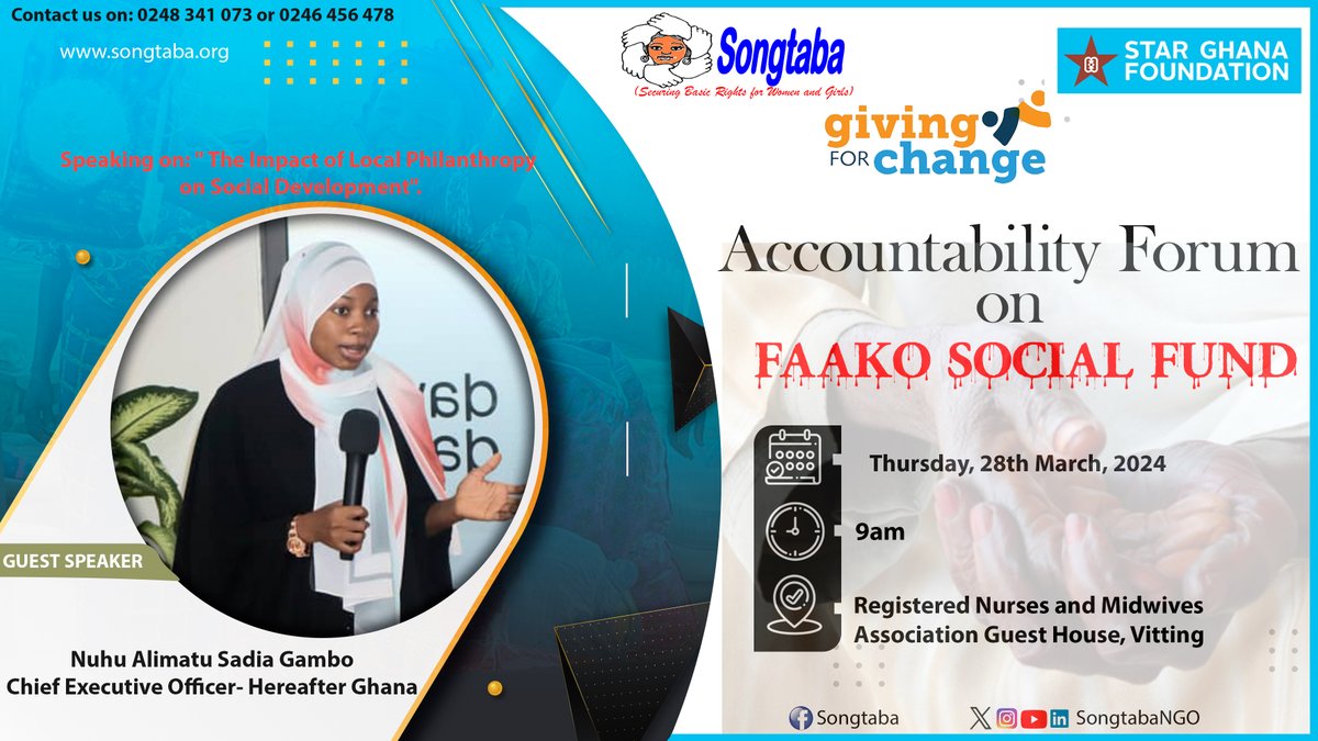 @SongtabaNGO invites the general public to an upcoming accountability forum and a fundraiser on the Faako Social Fund to on 28th March, 2024 @ Registered Nurses and Midwives Association Guest House, Vittin. Your participation will support important community initiatives.