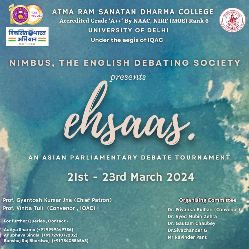 #Nimbus, the English debating society of @arsdcollegedu, is elated to invite you to our upcoming flagship Asian parliamentary Debate competition, *_EHSAAS 2.0_* *Scheduled for:* _21st-23rd March, 2024_ *Venue:* _ARSD Campus @UnivofDelhi @EduMinOfIndia @ugc_india