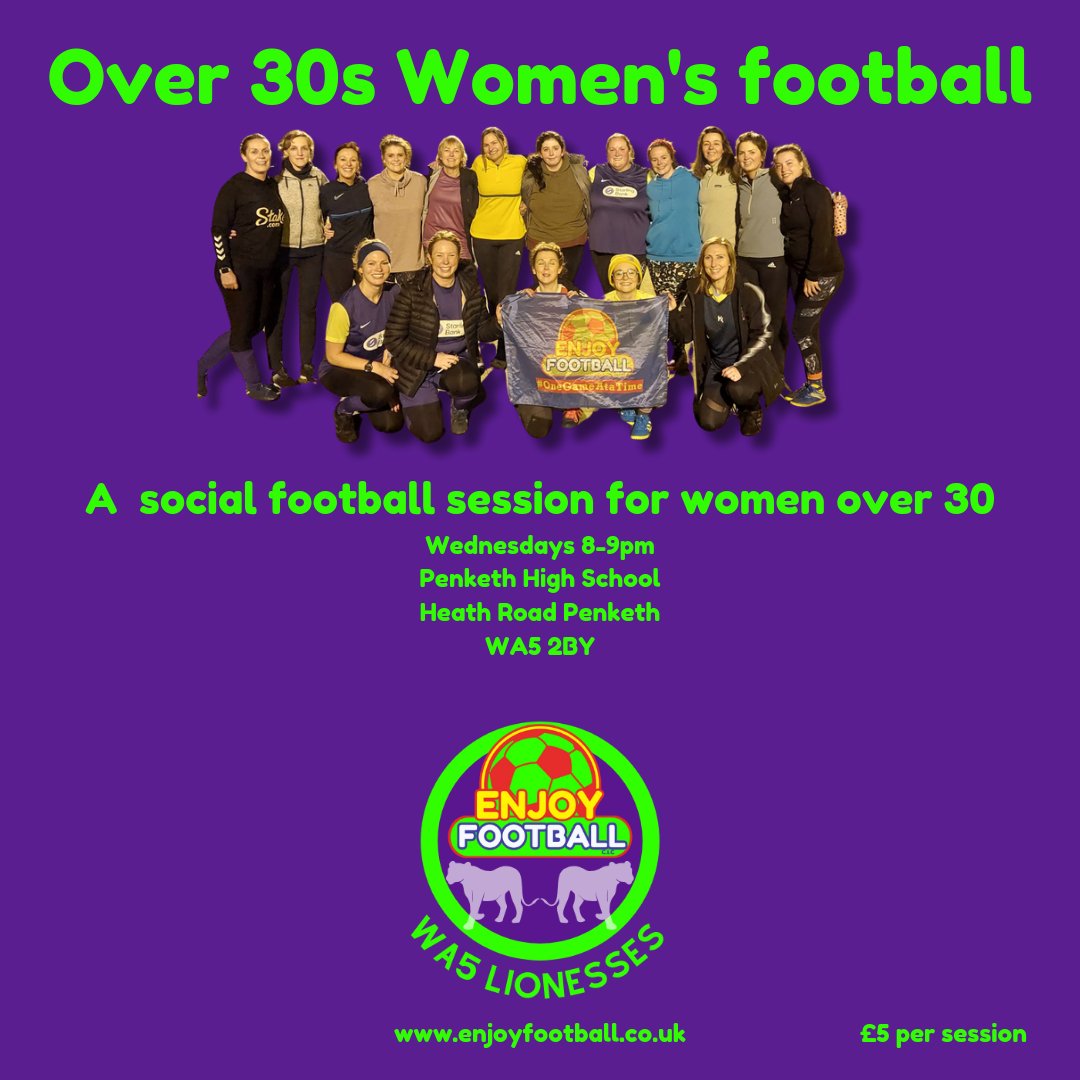 Every Wednesday the WA5 Lionesses come out to play. A social football session for women over 30. All welcome no matter your experience, ability, appearance. Join us 8-9pm at Penketh High School on the astro pitch. @charlotte2153 @hms24 @Lionesses @Liverpool_CFA @Cheshire_FA