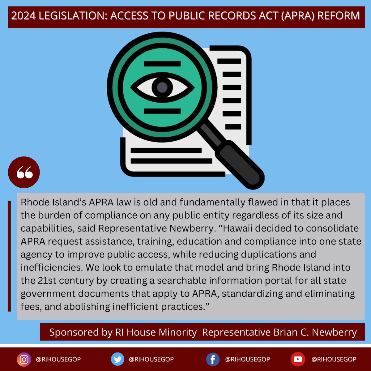 TODAY: Access to Public Records Act (APRA) Reform (H7763) heard in House State Govt & Elections. @BrianCNewberry introduced to provide free APRA records, place mgmt of APRA Records within DOA, & uses online database. Pls support HouseStateGovernmentandElections@rilegislature.gov