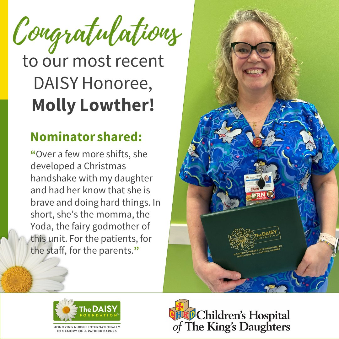 Upon receiving the #DAISYAward, Molly said, 'It's hard to express what an honor it is to be awarded a second DAISY award. I absolutely love my job and truly appreciate the trust our families put in me.' Read more at bit.ly/3Itqi9C. #CHKD #PediatricNurse