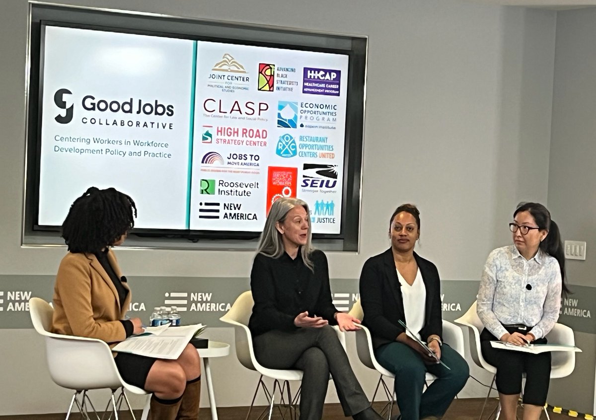 👥 H-CAP Executive Director Danielle Copeland (center left) and Lead Echocardiogram Tech Jihan Baptiste (center right) had a great time last week presenting at the #GoodJobs Collaborative launch event, sharing the benefits of labor-management partnership with #WkDev leaders 🌟