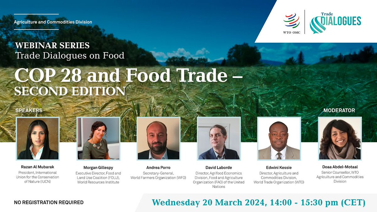 ❗️ TOMORROW at 14:00 CET❗️ #WFO SG @AndreaPorro79 will join the @wto Trade Dialogue 'COP28 and Food Trade' to share #farmers' standpoint on the role of international #trade for global #FoodSystems sustainability. Watch the webinar 👇 💻bit.ly/WTOTradeDialog… #FarmersInAction