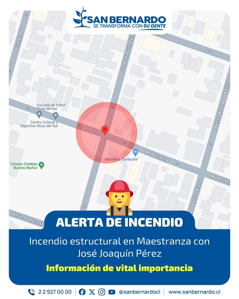 Se informa un incendio en calle Maestranza con José Joaquín Pérez. Pedimos buscar otras alternativas de tránsito para evitar el entorpecer el trabajo de los equipos.