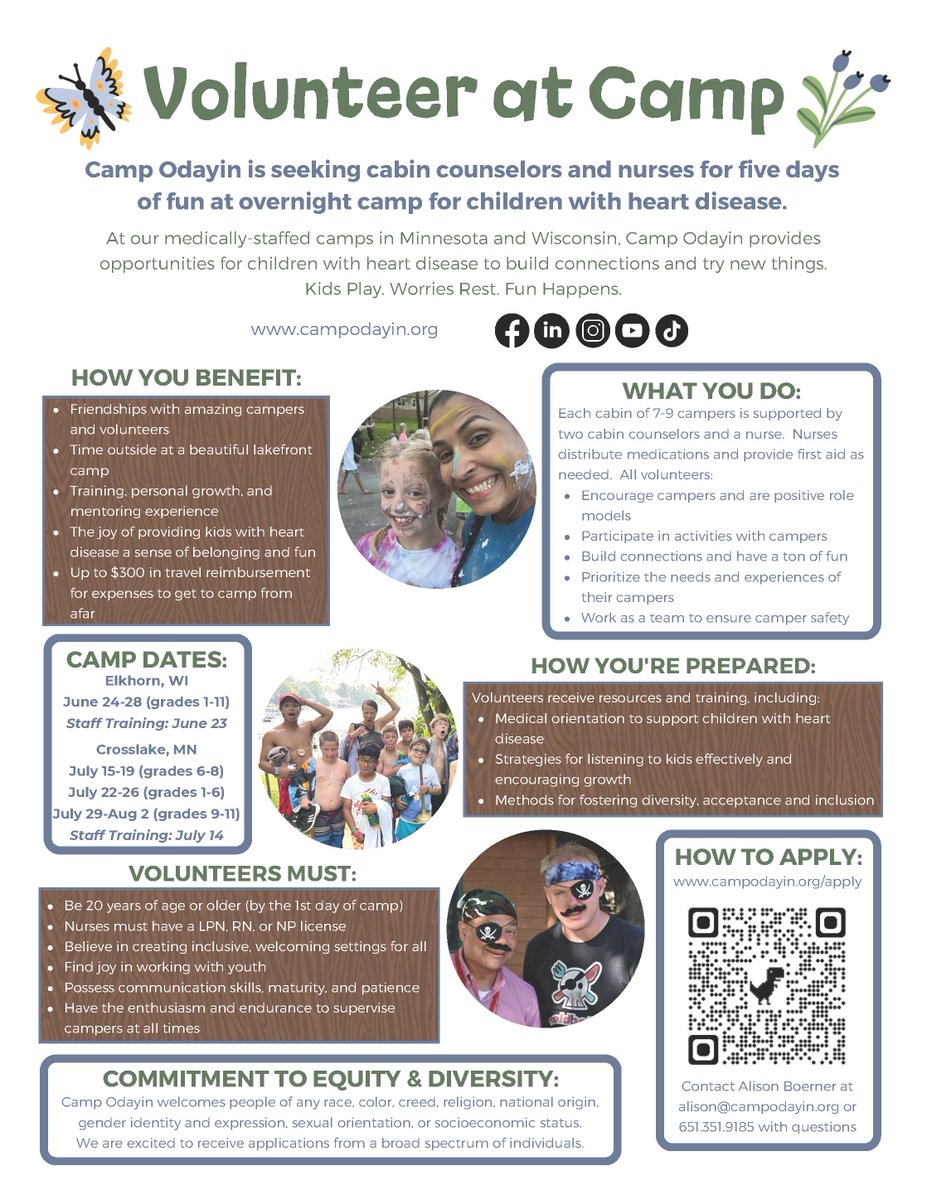 Our friends at Camp Odayin are looking for volunteer nurses and counselors this summer! To apply, visit: campodayin.org/apply/