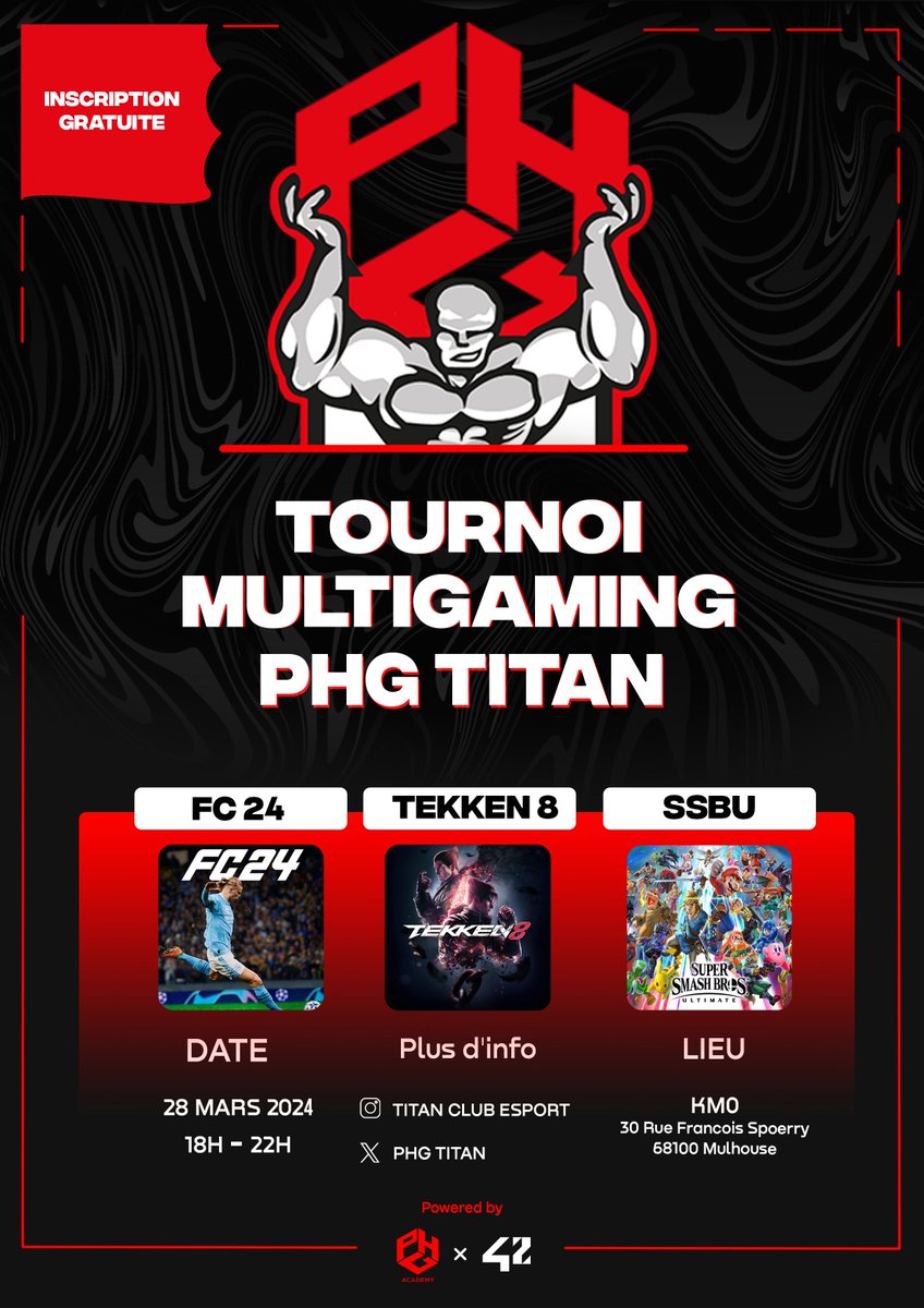 Avec <a href="/Ultimate3Fronts/">Ultimate Three Frontiers</a>, on organise notre premier tournoi multigaming ! 

📌KM0, Mulhouse
🕖 28 Mars à partir de 18h

Fifa⚽️
16 joueurs🎮

Tekken 8🔥
16 joueurs🎮

SSBU👑
16 joueurs🎮

Pour les inscriptions c'est juste ici 👉
linktr.ee/TournoiTITAN