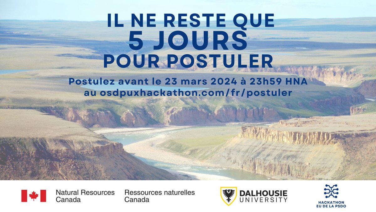OSDPUXHackathon's tweet image. Il ne reste que 5 jours pour postuler au Hackathon EU de Plateforme de science et de données ouvertes! Aucune expérience préalable n&apos;est requise. 

Postulez au osdpuxhackathon.com/fr/postuler/ pour courir la chance de gagner jusqu&apos;à 2 500 $ de prix ! @RNCan