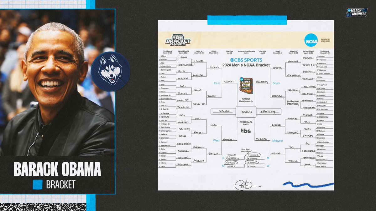 🚨 <a href="/BarackObama/">Barack Obama</a>'s Bracket! #MarchMadness

UConn 🏆
Vermont takes down Duke 👀
South Carolina ➡️ Sweet 16

Fill out YOUR bracket here 👇
bit.ly/4ch8UCB