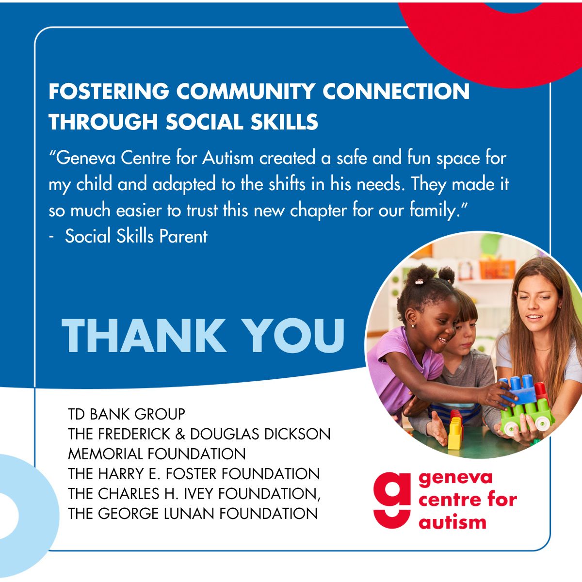 Over the past year, we provided Social Skills programming for over 150 autistic children and youth with support from our generous funders. Thank you for helping us to build meaningful community connections. 
#AutismCommunity #AutismToronto #AutismAwareness