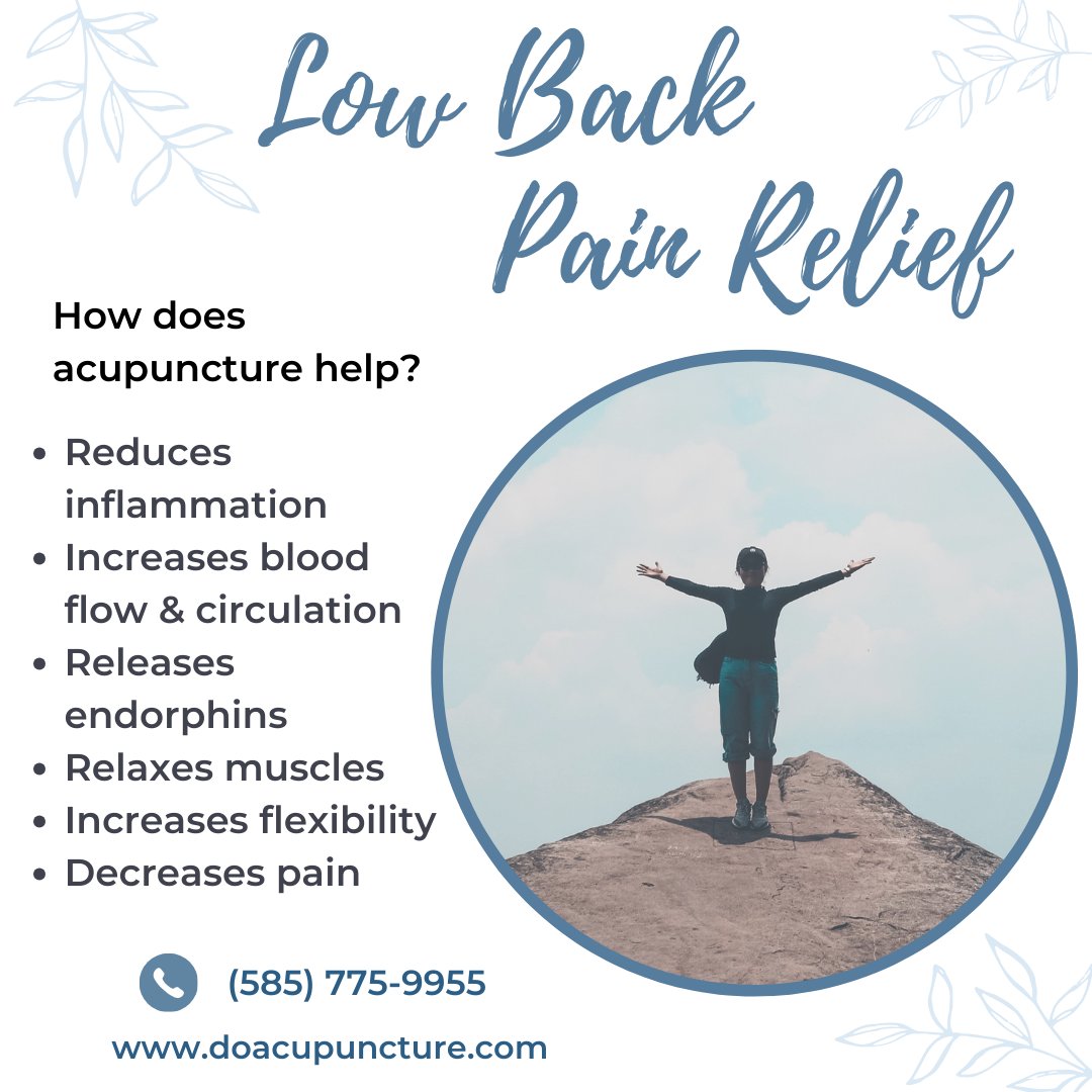 How does #acupuncture help #lowbackpain? 

✅ It reduces swelling &amp; inflammation
✅ It increases blood flow &amp; circulation
✅ It stimulates release endorphins
✅ It relaxes muscles, increases range of motion, &amp; decreases #pain.

doacupuncture.com
#Rochester #NY #RochesterNY