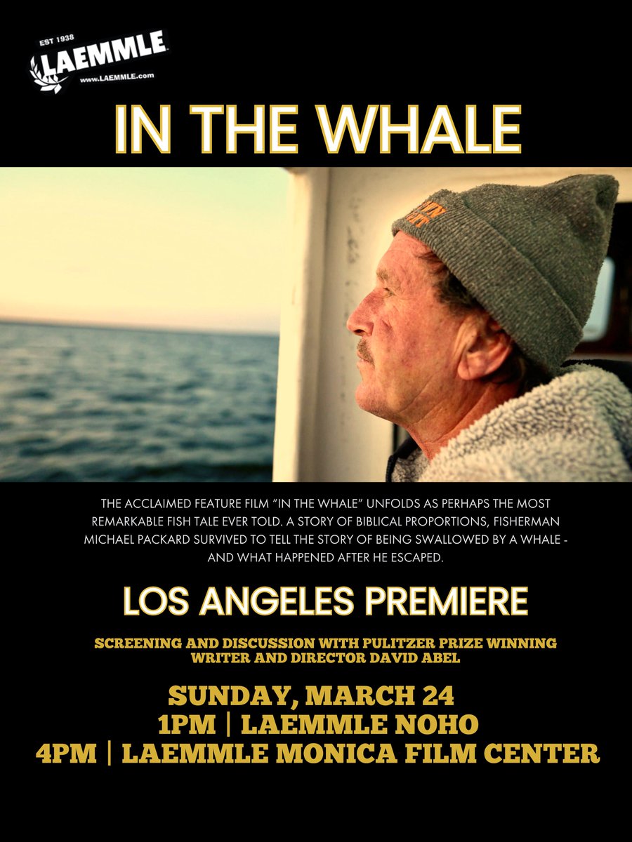 IN THE WHALE is going to #LosAngeles with dir. David Abel in attendance! 🐳Get tix @noho7 & @laemmlemonica for Sunday, 3/24 to watch this incredible doc about a Cape Cod fisherman who survived to tell the tale of being swallowed by a whale and what happened after he was spit out