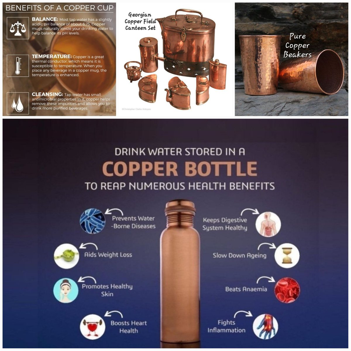 Earstohearyou's tweet photo. COPPER has been used since ancient times to purify water. Studies have shown that contaminating water with undesirable microbes and then storing it overnight REMOVED those MICROBES
The antibacterial properties of copper are natural phenomena referred to as OLIGODYNAMIC EFFECT.

10 BENEFITS of 'drinking water' from a COPPER VESSEL;
Stimulates your brain
Regulates the working of the thyroid gland
Beats arthritis and inflamed joints
Skin health and melanin production
Slows down, ageing
Aids in weight loss
Beats anaemia
Helps heal wounds faster
Helps maintain cardiovascular health and beats hypertension
Can fight off cancer
✒️THE HealthSite
For new followers 🙏
