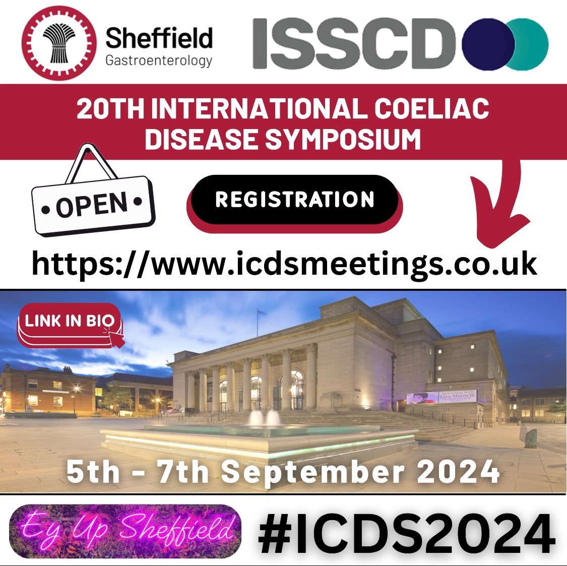 The Biennial meeting of the International Society for Study of Coeliac disease (ISSCD).

Is coming to Sheffield in September 2024!

If you have an interest or work in the area of gluten related disease please consider registering!
#ICDS2024

➡️ icdsmeetings.co.uk