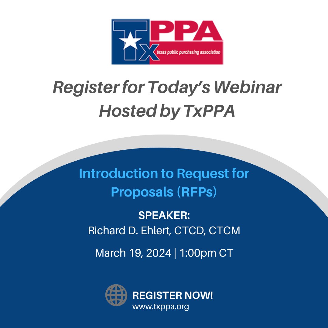 Join our webinar today to learn about the fundamental concepts and processes involved in drafting, issuing, evaluating, and negotiating Request for Proposals (RFPs). Don’t miss out on valuable insights! 🌟 bit.ly/3vj72IU  #RFPs #TxPPA