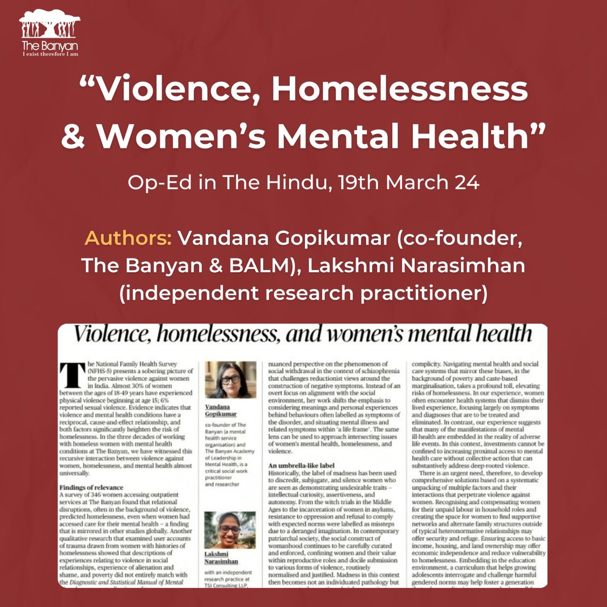 Navigating the Crossroads: Violence, Homelessness, and Women's Mental Health. This article is authored by Vandana Gopikumar, co-founder of The Banyan and BALM, and Lakshmi Narasimhan, an independent research practitioner at TSI Consulting LLP. Read here: tr.ee/_0hg0KH-Vo