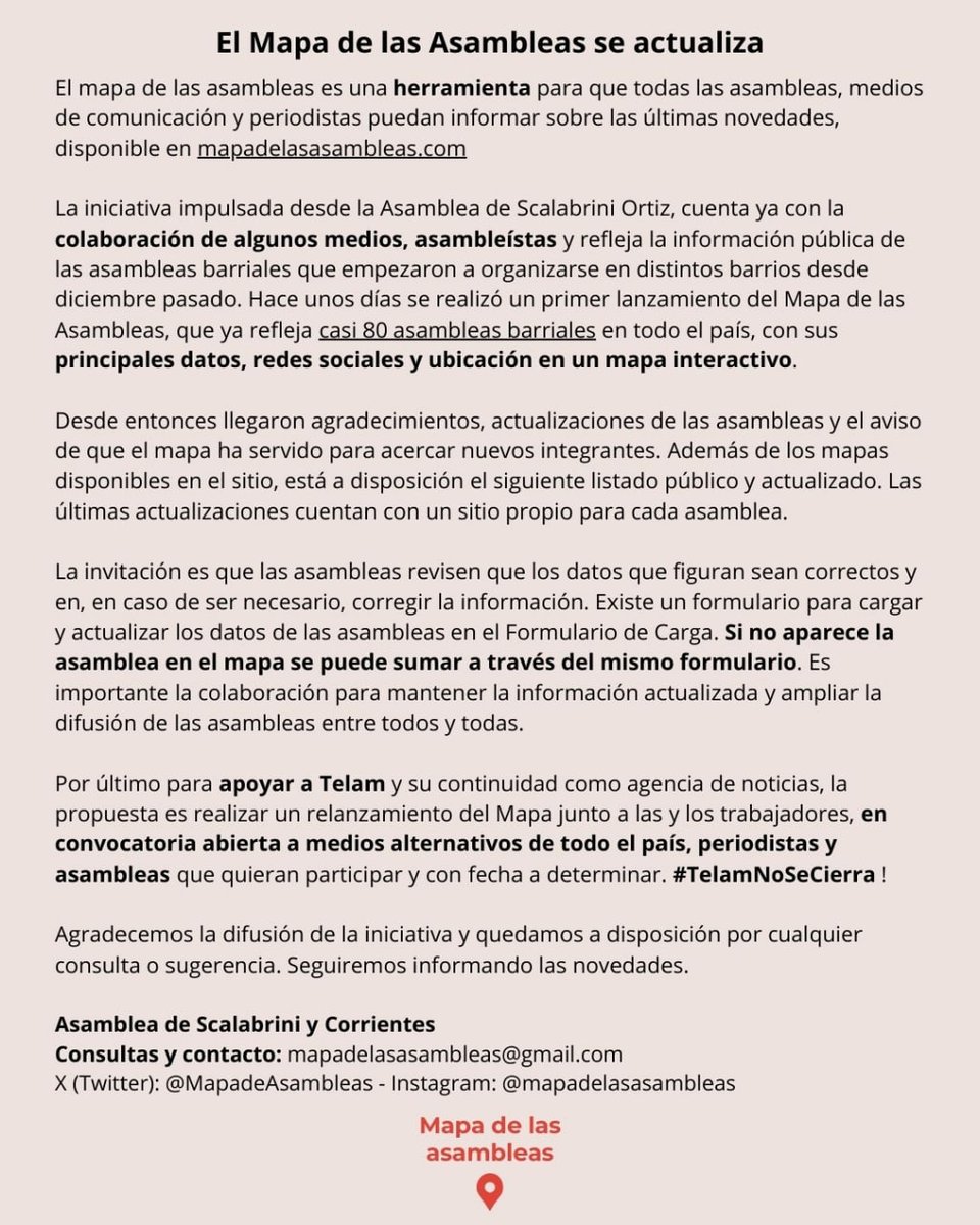 MapadeAsambleas's tweet image. El Mapa de las #Asambleas se actualiza ! 
mapadelasasambleas.com
Nuevo listado con casi 80 asambleas: mapadelasasambleas.com/listado.html Agradecemos la difusión, chequear info y sugerencias
Contacto: mapadelasasambleas@gmail.com
X: @MapadeAsambleas IG: @mapadelasasambleas