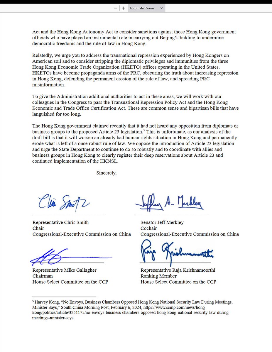 Article 23 restricts fundamental freedom & strips due process rights making #HongKong less safe for residents & US businesses. Congress must pass the #HKETO Certification Act & the Administration sanction officials undermining the rule of law. See Chairs’ letter opposing Art. 23.