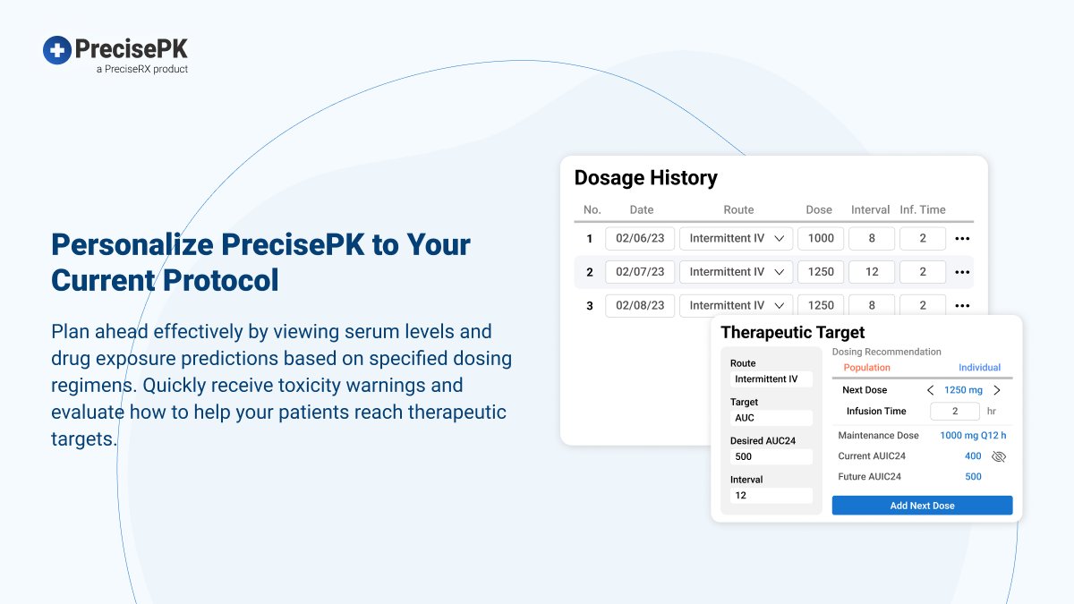 With serum level and drug exposure predictions tailored to your regimen, anticipate changes seamlessly. 

Instant toxicity warnings empower proactive patient care and personalizing your dosing protocols can help your team plan ahead effectively.

Visit our profile for more