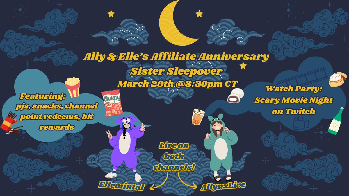 It’s mine and Ally’s first Affiliate Anniversary! 💜 Join either or both of our streams on March 29th for a cozy sleepover and scary movie night 😴👻