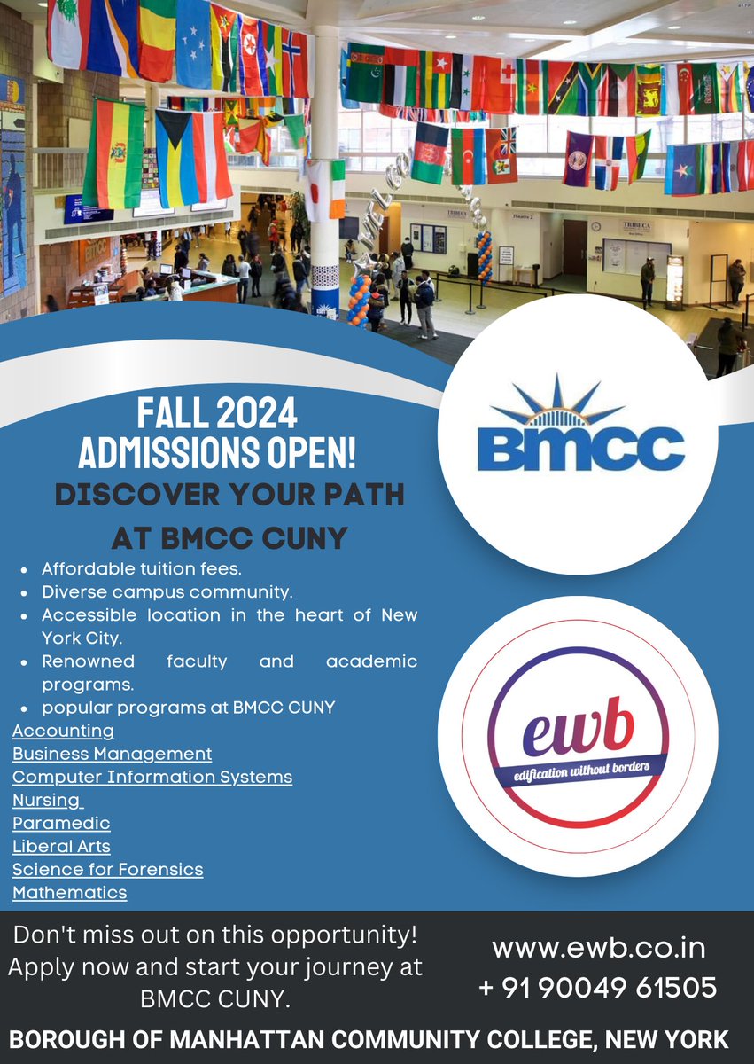 📚 Calling all students! Unlock your potential with affordable education in the USA <a href="/bmcc_cuny/">BMCC</a>  Don't miss out on this opportunity to study in one of the world's most vibrant cities! #StudyAbroad   🗽 Apply now!  globalamb@bmcc.cuny.edu admission@ewb.co.in  +91 90049 61505