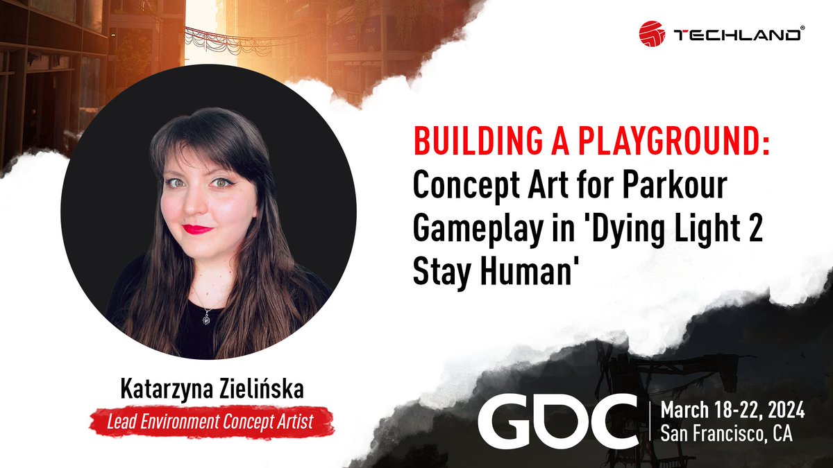 Today's the day! At 5PM (PDT), our very own Katarzyna Zielińska @kafisart will host her #GDC talk: 'Building A Playground: Concept Art for Parkour Gameplay in 'Dying Light 2 Stay Human''. 🔔 Set an alarm, a reminder, whatever you need. Just make sure not to miss it! #GDC24