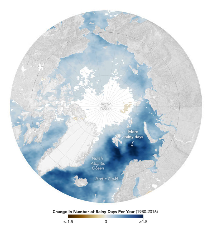 NASAEarth's tweet photo. The Arctic is getting more rainy days 🌧️

Snow in the Arctic is being replaced by rain as temperatures warm, a @nasa study analyzing three and a half decades of rainfall trends shows. These changes can impact sea ice, melting, and weather patterns. https://t.co/KHawL9SXli https://t.co/5C5WPD0vkF
