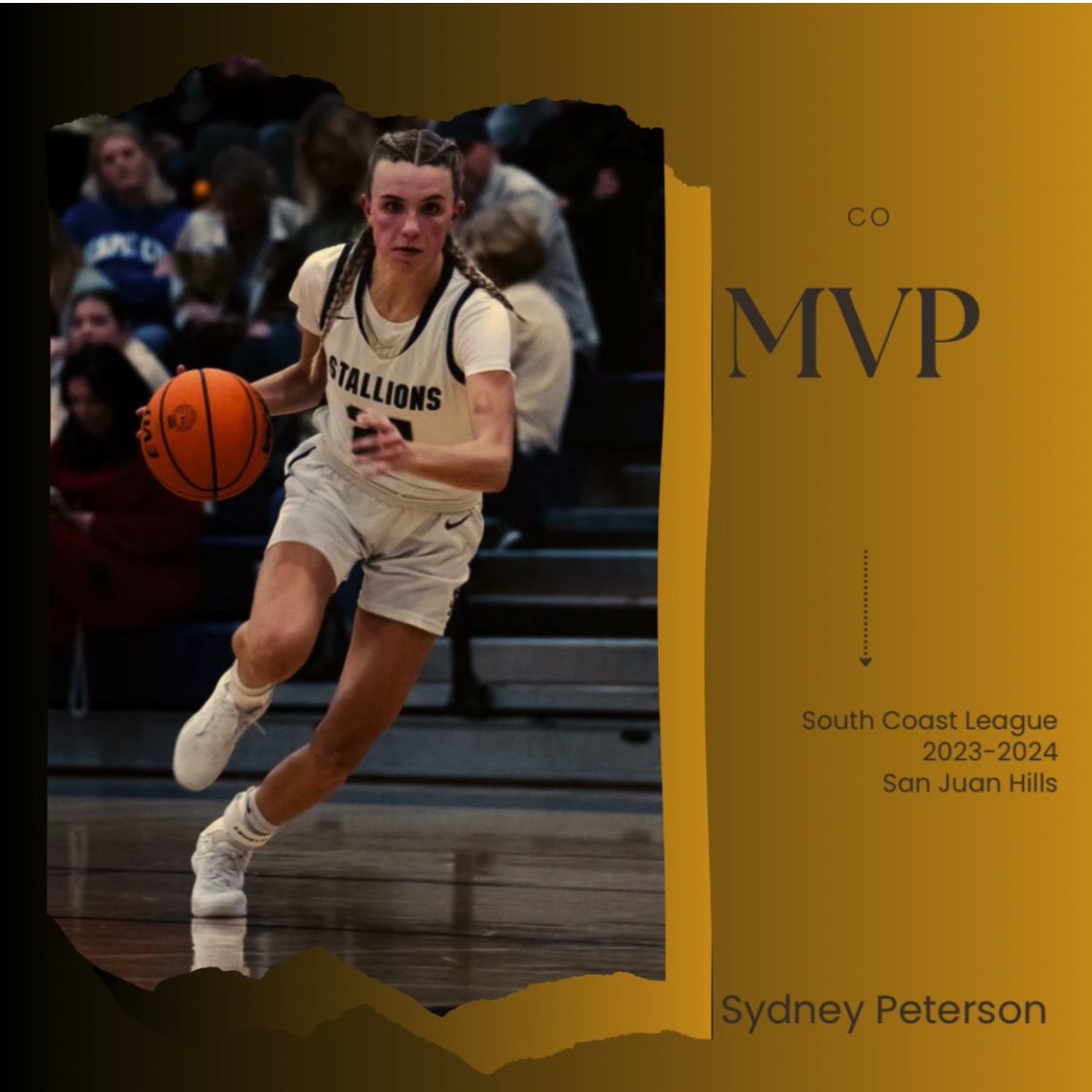 Sydney Peterson has been selected as co MVP of the South Coast League! An electrifying force that-When scouting opponents her coach would confidently say “Ya but we have Sydney”. She avg 14pts/6.6reb/3.7stl on her way to: -League title -D1 playoff win -1167 career pts
