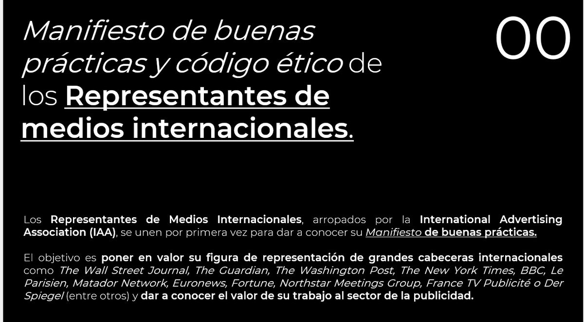 Con el respaldo de la IAA, los representantes de medios internacionales han lanzado un Manifiesto de Buenas Prácticas y Código Ético. 
Si quieres leerlo completo lo puedes encontrar en el siguiente enlace: iaaspain.org/manifiesto-de-…