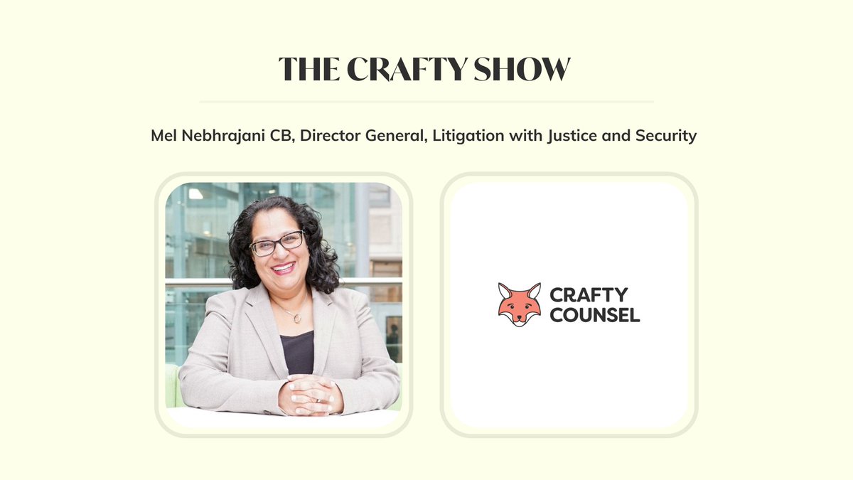 Director General for Litigation with Justice and Security, Mel Nebhrajani CB, recently sat down with @CraftyCounselHQ to chat about her career, the initial response to the COVID-19 pandemic and the role of government lawyers. craftycounsel.co.uk/podcasts/mel-n…