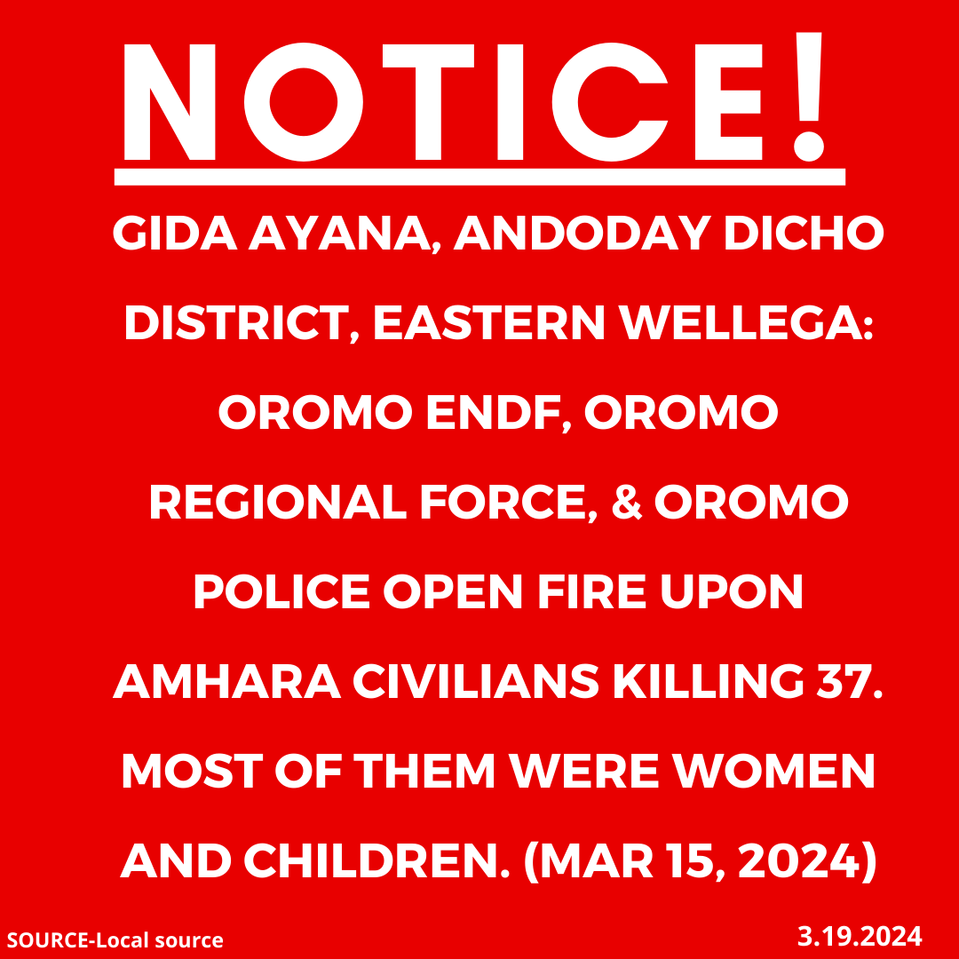 xotrinx1's tweet photo. INFO: ๐Gida Ayana, Andoday Dicho district, Eastern Wellega: Oromo ENDF, Oromo regional force, & Oromo police open fire upon Amhara civilians killing 37. Most of them were women and children. (Mar 15, 2024).
#Ethiopia #xotrin #Oromoregionforce #OromoENDF #Wellegamassacre https://t.co/wWrL3BrLoZ