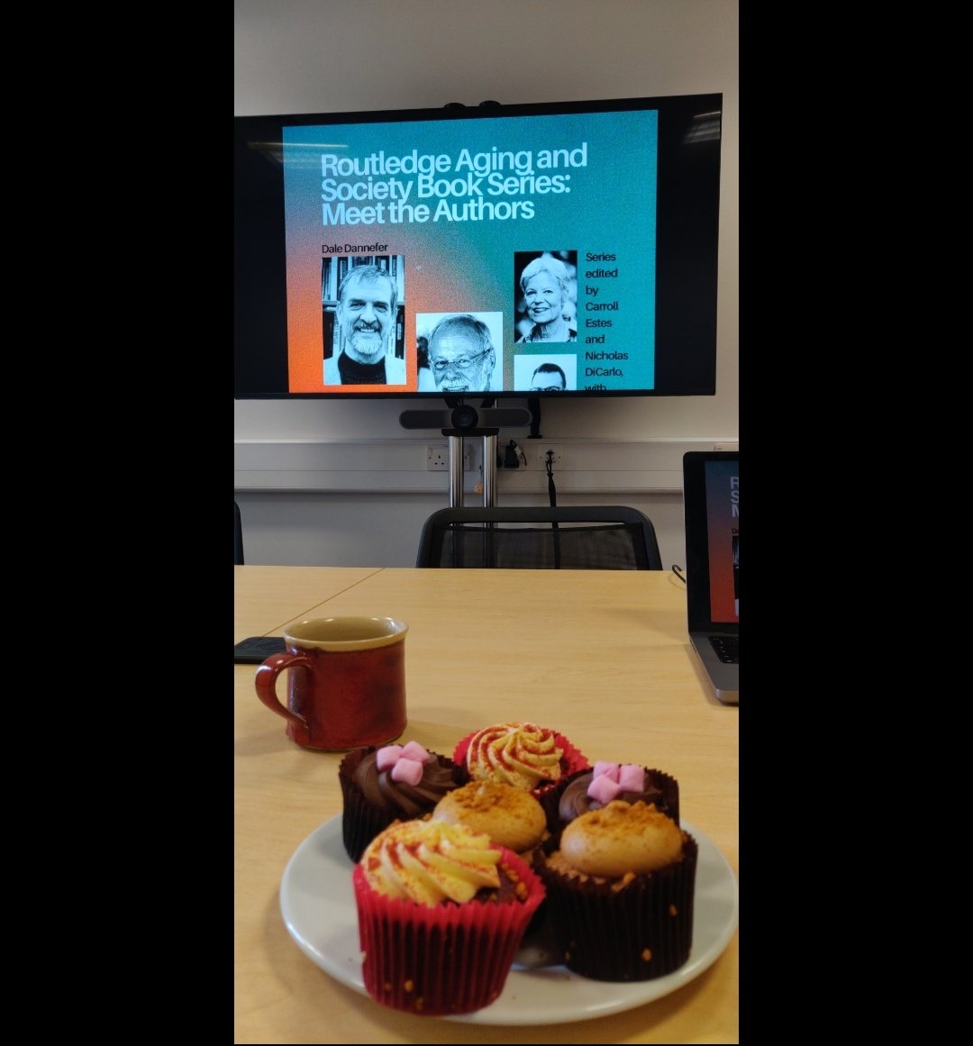 Coffee and cake at the ready for the Routledge Aging and Society book series launch. Featuring new book 'Ageing in Urban Environments' by @BuffelTine and Chris Phillipson. @EmancipatoryLab @LeverhulmeTrust @uomsoss
