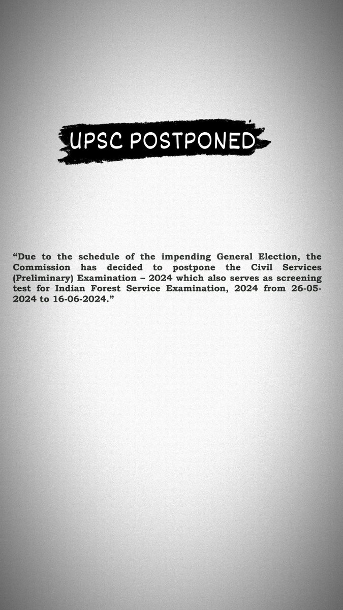 ExplorerMi86938's tweet photo. USPC CSE Prelims 2024 Exam Postponed to 16th June
Follow for more..
#upscpostponed #upscnews #pt365 #UPSC #UPSCPrelims2024 #upscaspirants #uppsc #mppsc #MPSC #RAS #BPSC https://t.co/X7EdCHd1ZL