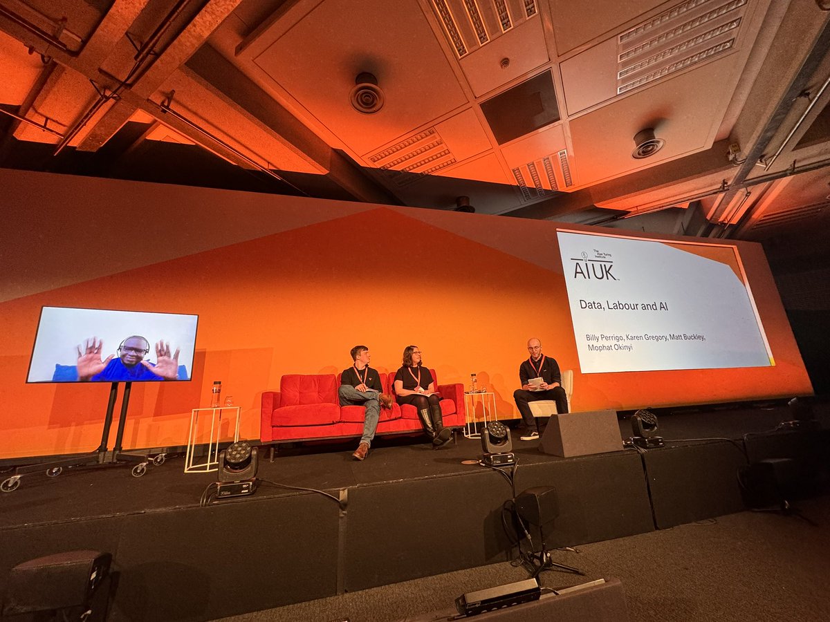 Great panel on the not often discussed side of data and AI … labour exploitation with @billyperrigo @_Matt_Buckley @UTAW_uk, Mophat Okinyi of the African Content Moderators Union and Karen Gregory from @EdinburghUni #AIUK 24