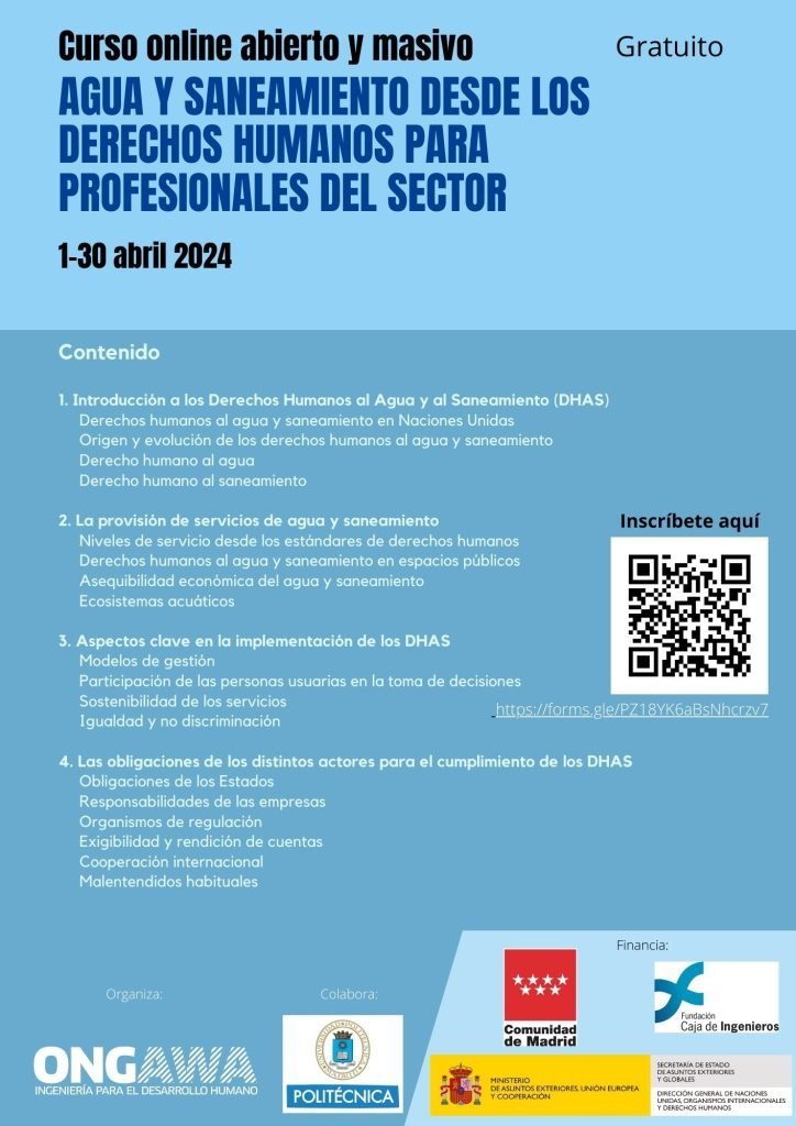 Nuestros miembros @ongawa4d han creado un curso en línea sobre los Derechos Humanos al Agua y al Saneamiento. El curso es gratuito y se impartirá durante todo el mes de abril. Inscríbete antes del 31 de marzo➡️ongawa.org/mooc-agua-sane…