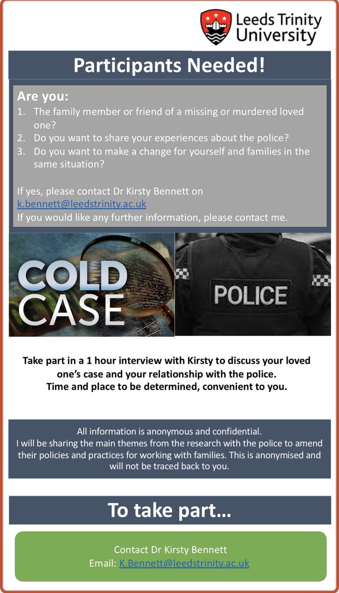 Excited to be starting my project exploring experiences for the families of their missing or murdered loved ones. Completely voluntary, but please share or get in touch if you’re willing/able to help! 
<a href="/thecaseadvocate/">Relentless Justice Podcast</a> <a href="/SiblingsMissing/">International Siblings of the Missing Support</a> #Missing #coldcase <a href="/clyons_wilts/">Caroline Lyons</a>