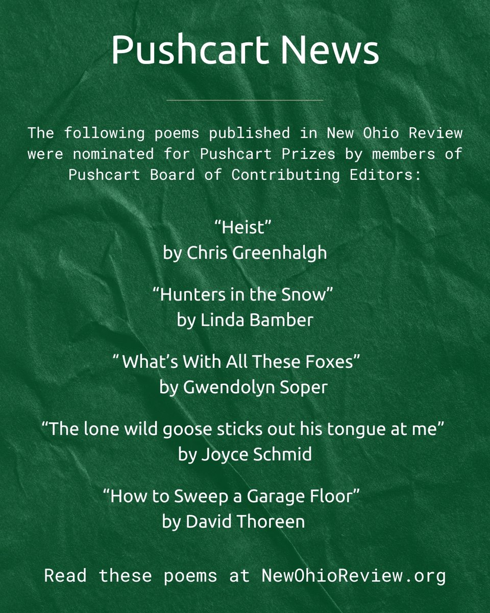 We are thrilled to announce that the following poems have been nominated for Pushcart Prizes! Check all of these poems out at newohioreview.org