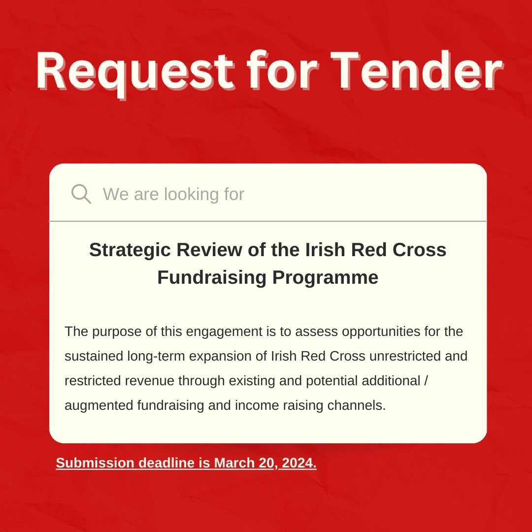 Request for Tender – Strategic Review of the IRC Fundraising Programme   👉Follow the link for more details: redcross.ie/wp-content/upl…