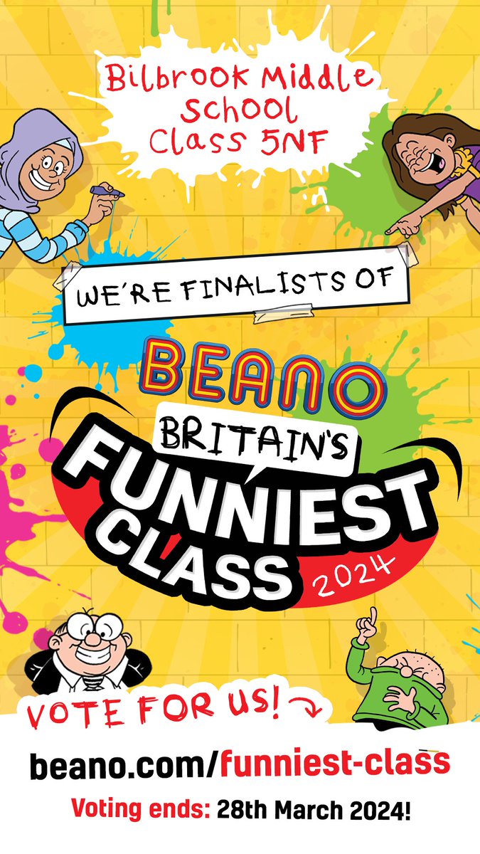 Very exciting news for one of our schools across the Partnership Bilbrook Middle.
Beano has chosen Bilbrook Middle as one of the finalists for 'Britain's Funniest Class'.
Please show your support and VOTE for them via this link ow.ly/v1il50QWLmU

#Beano