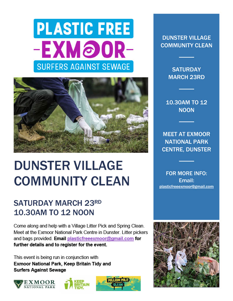 Join #PlasticFreeExmoor for their Dunster Village Community Clean this weekend!

📅 Saturday, 23rd March from 10:30am
📍 Meet at the Exmoor National Park Centre, Dunster
📧 For further details and to register, contact plasticfreeexmoor@gmail.com

#SpruceUpTheSevern