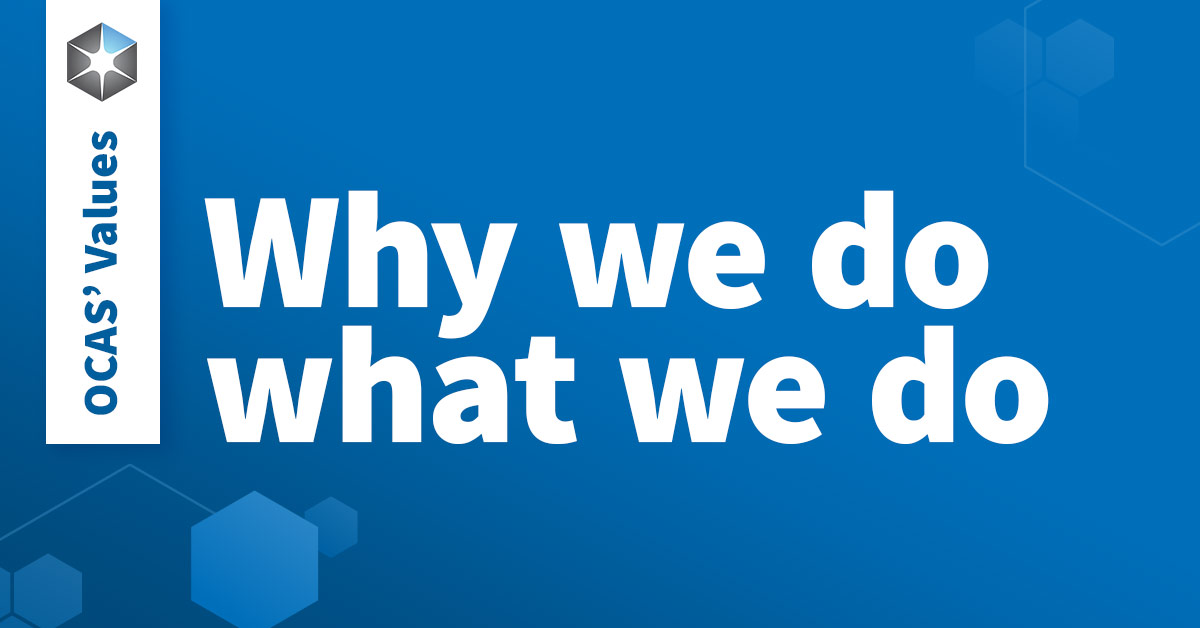 This past year, we took time to outline OCAS' five core values: - We bring real joy to the work we do - We're in this together - We take pride in our craft - We create possibility -We're passionate about #education Learn more about OCAS' #values at ow.ly/ihP850QVWUC.