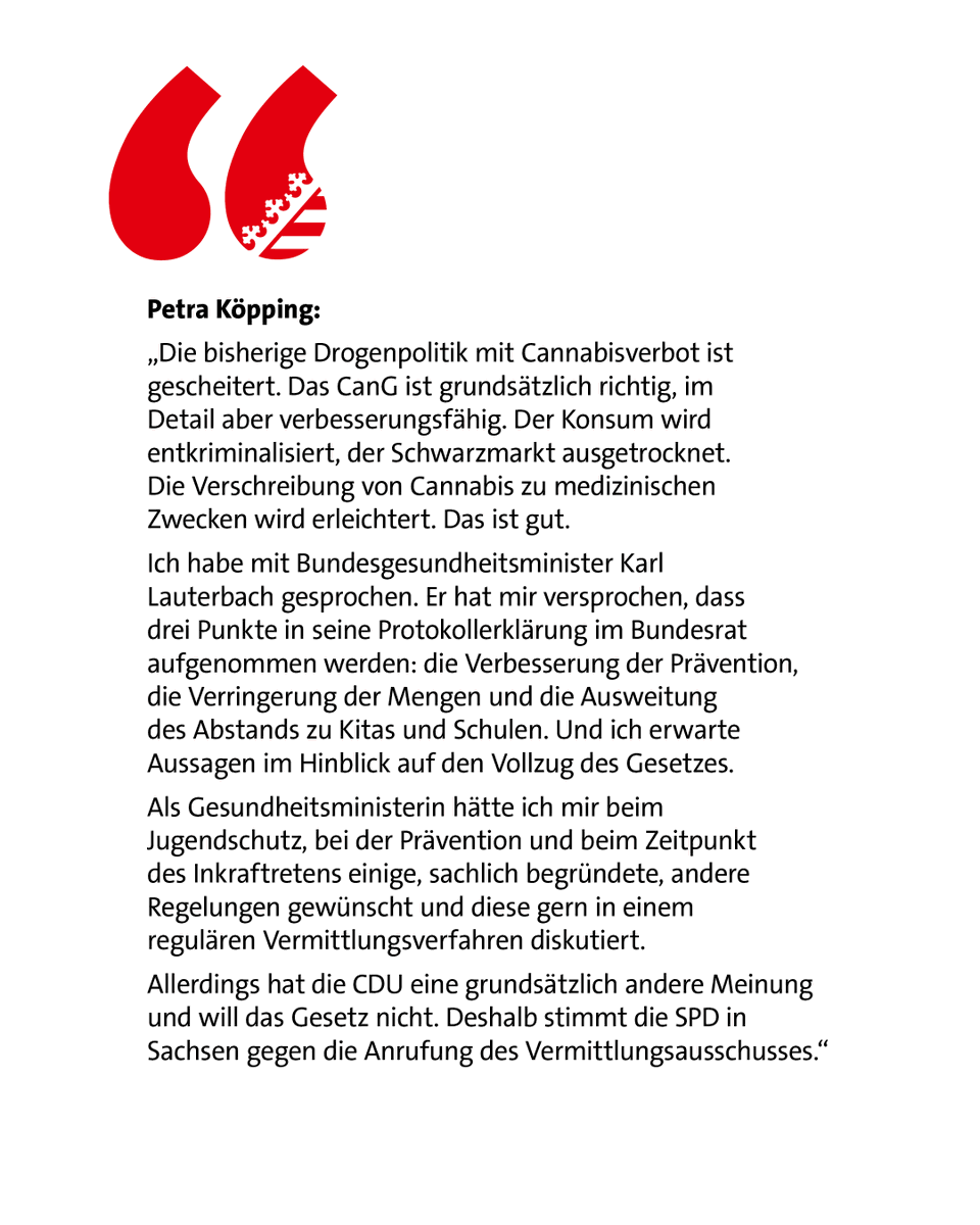 Die @spdsachsen wird eine Anrufung des #Vermittlungsausschusses zum #CanG nicht mittragen. Wir erwarten, dass sich #Sachsen enthält. Das haben wir entschieden, weil die #CDU den #VA nicht für eine Verbesserung des Gesetzes, sondern für eine Totalblockade nutzen möchte.