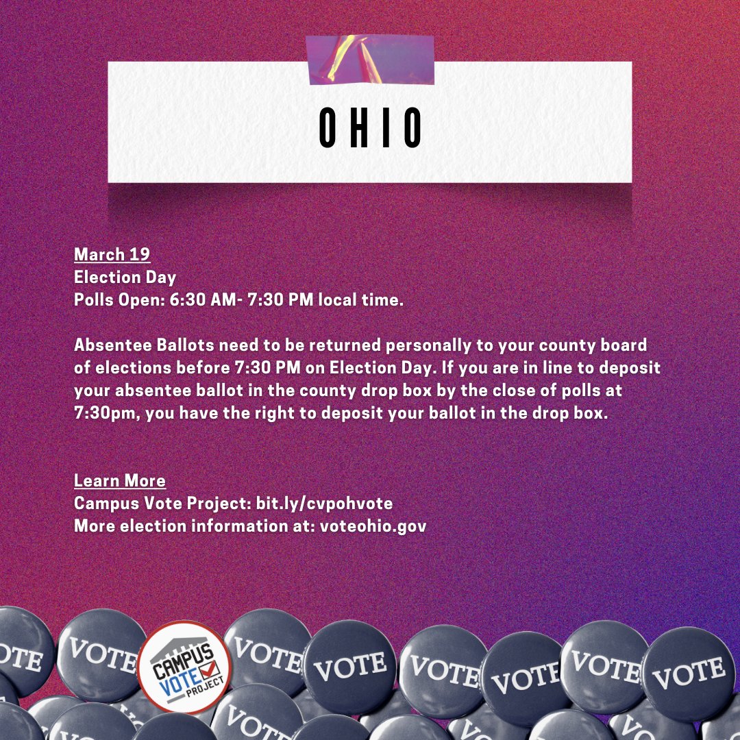 🚨OHIO & ARIZONA🚨 Polls are OPEN, so make sure you have a plan to vote. Visit campusvoteproject.org/studentvoting-… get more information on this election and spread the word! Your voice matters — use it! 🗳️