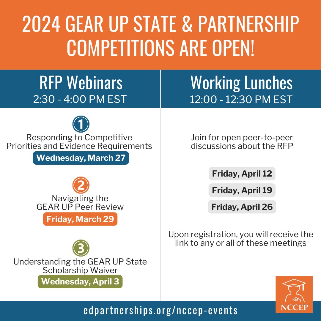 The 2024 GEAR UP State and Partnership competitions are open! NCCEP offers multiple ways to help you prepare for the 2024 GEAR UP State & Partnership Competitions. Learn more about upcoming webinars and virtual office hours: edpartnerships.org/nccep-events