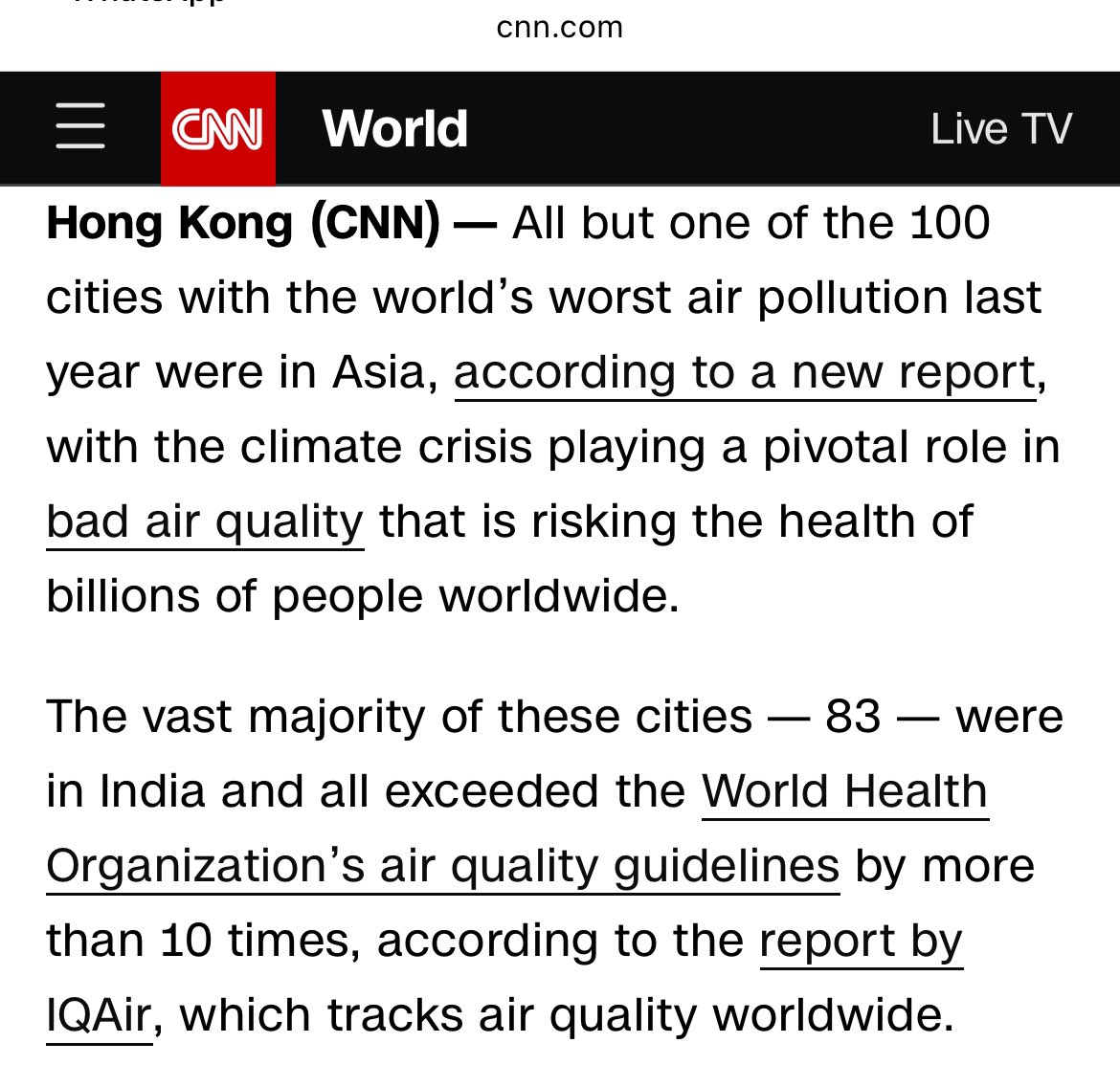 India again emerges at the top under Barbie’s leadership. 83 of the top 100 most air polluted cities are in India. Air quality 10 times worse than guidelines.