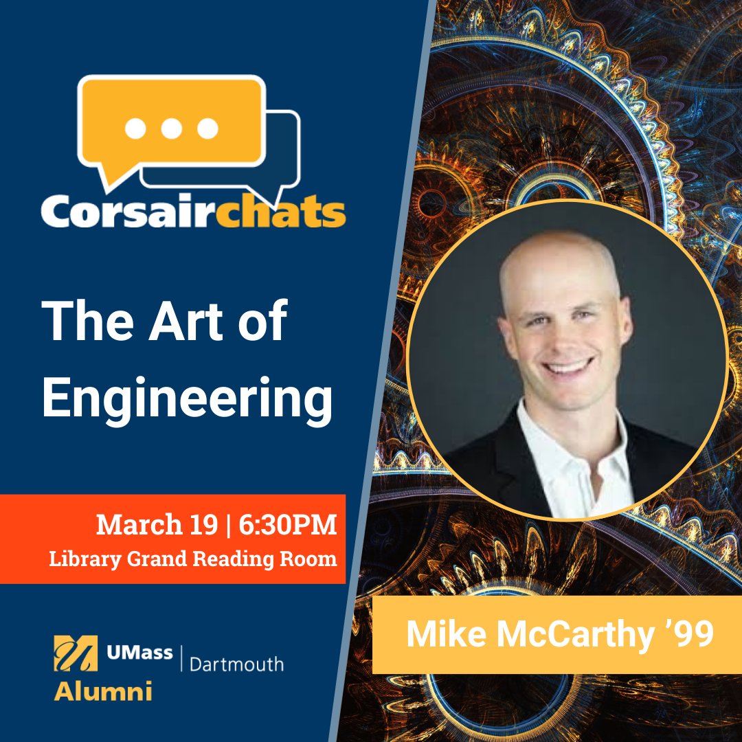 See the world through a different lens TONIGHT! ⚙️🎨 Don't forget to tune in to our next Corsair Chat with Mike McCarthy '99 at 6:30pm! Learn how he combined his passions for mechanical #engineering & visual #art to achieve success! 💙💛 Register ➡️ brnw.ch/21wI0Y8