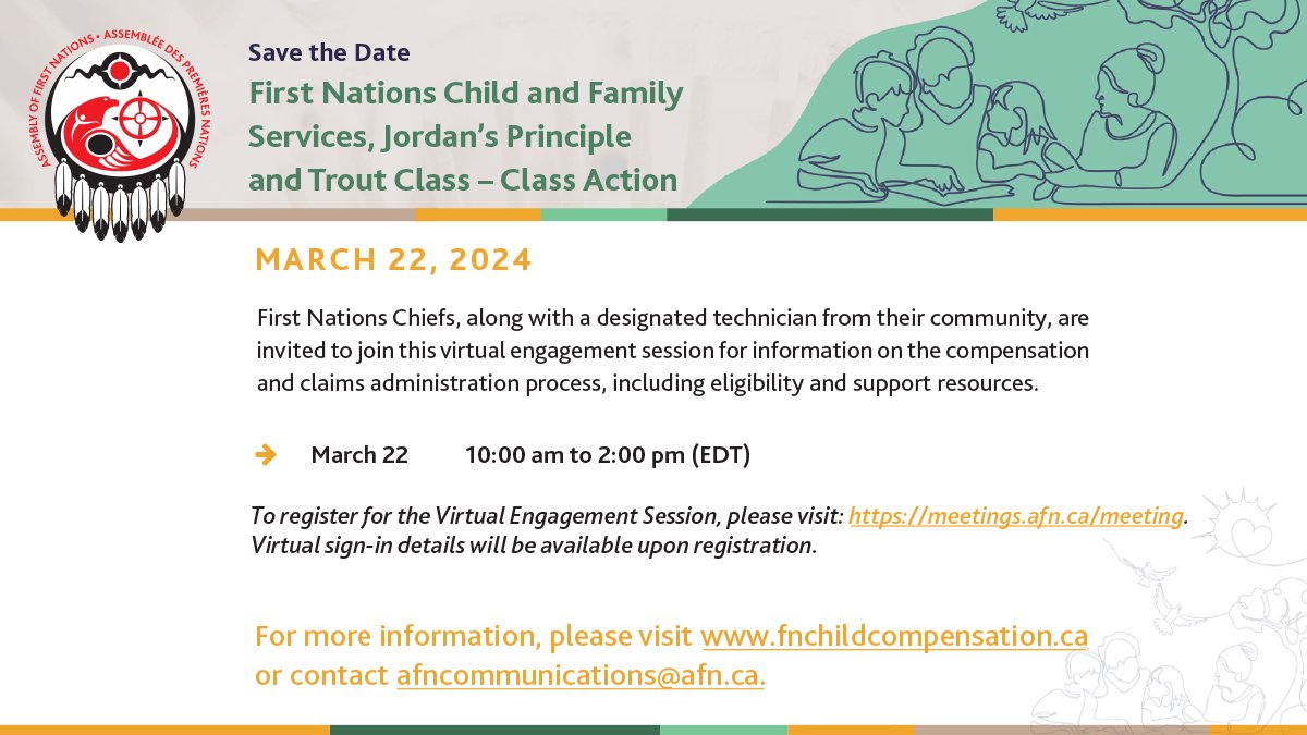 Calling First Nations Chiefs and technicians! Don’t miss out the upcoming Virtual Engagement Session for an update on compensation and the distribution protocol! Register now to attend the session on March 22 from 10 a.m. – 2 p.m. (EDT): ow.ly/SXqT50QUetN.